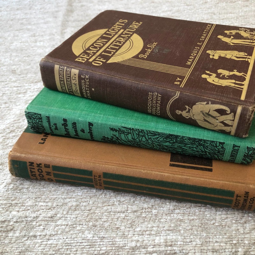 antique hardcover books nature latin lit home decor brown green set of 3 VTG